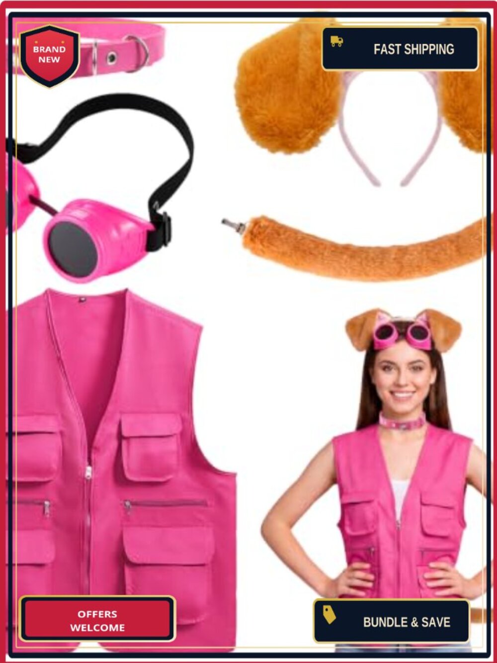 Halloween Dog Costume Set 5 Piece Safety Vest Goggles Ears Choker Cosplay